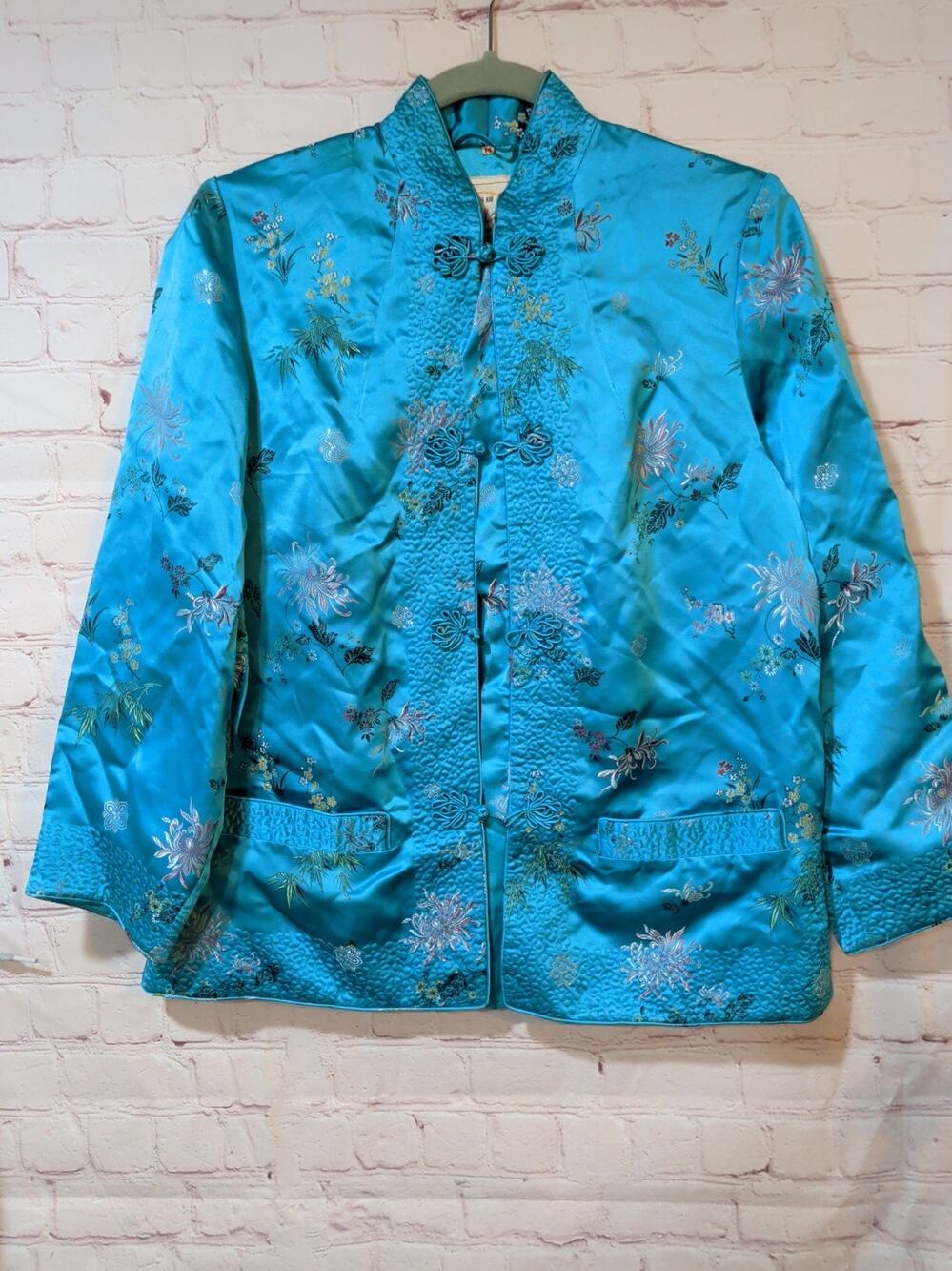 Peony Brand Turquoise Quilted Chinese Jacket Frog Closures Floral Brocade Sz M